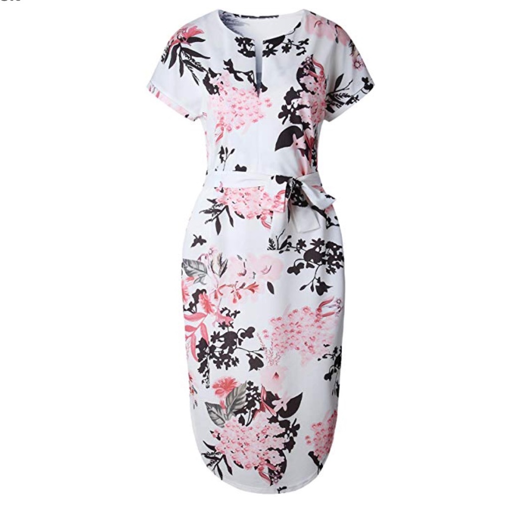 Floral Print V-Neck Belted Side Slits Midi Dress - Picture 6 of 7